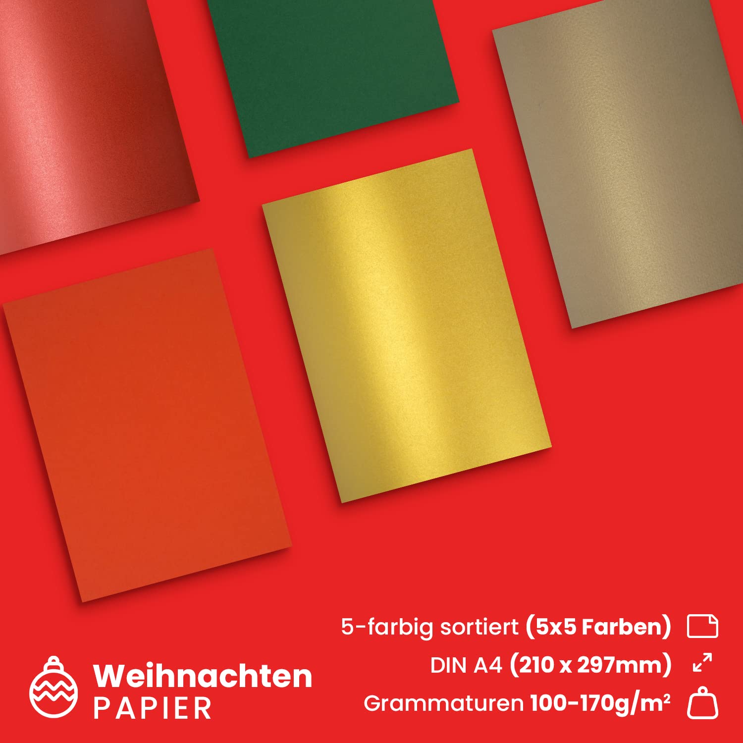Netuno 25x Kreativ-Papier Weihnachten DIN A4 210 Ă— 297 mm 5- farbig sortiert Bastel-Papier