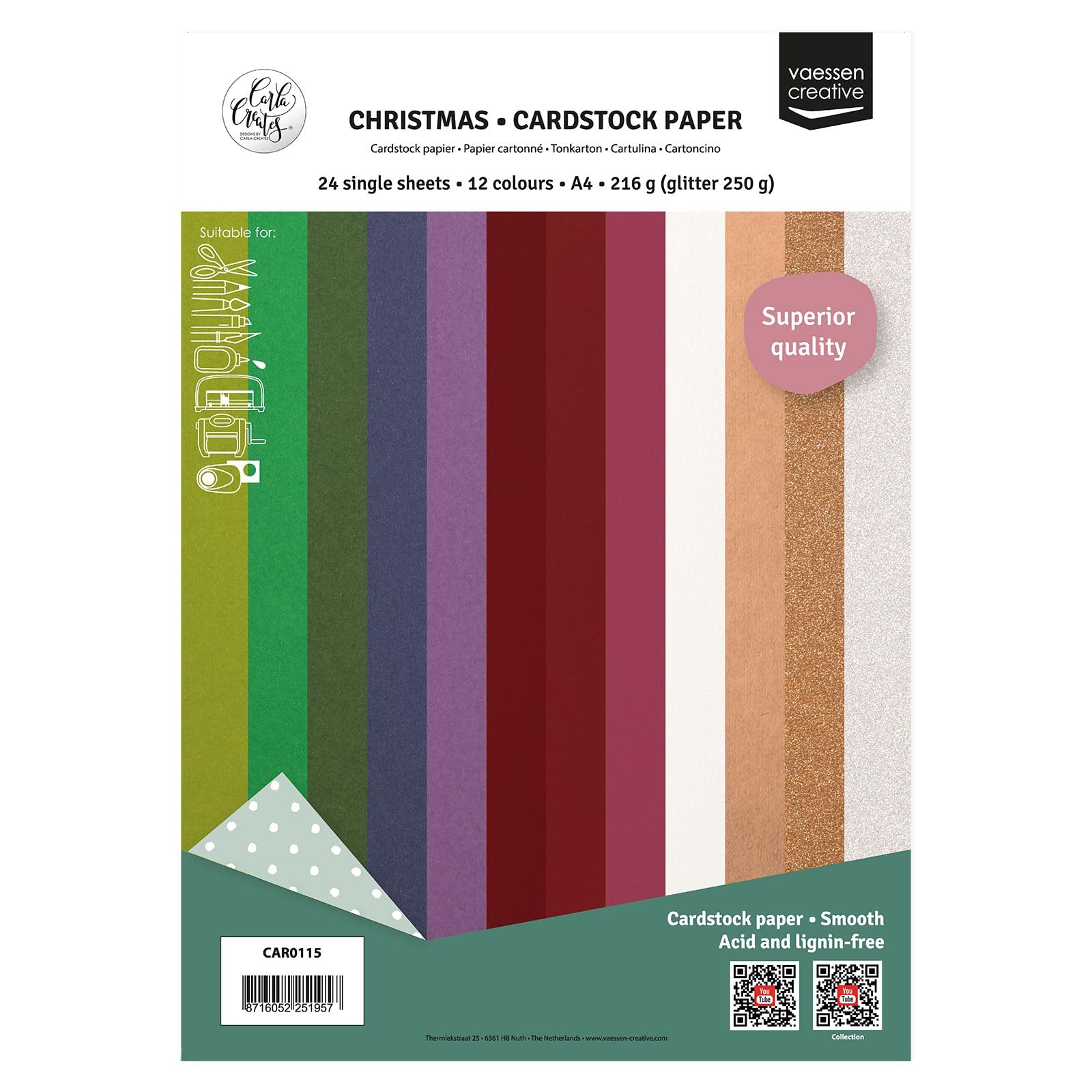 Vaessen Creative Tonkarton Weihnachtsfarben - Bastelkarton A4 mit Glitzer 216 g und 250 g - 24 Bögen